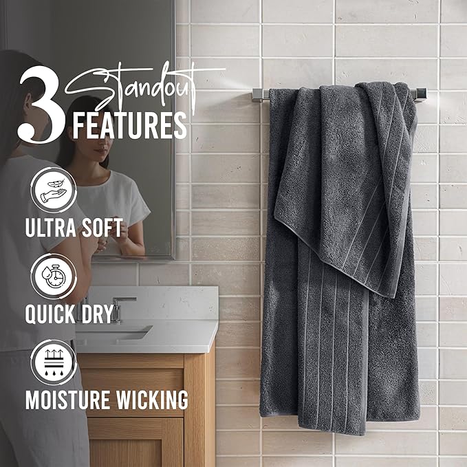 RIVERSIDE Pack of 4 Premium Extra Large Gray Bath Towels 30 x 60 Inches, 100% Cotton, Super Soft & Highly Absorbent, Larger & Lighter Weight, Quicker to Dry, Perfect for Bathroom