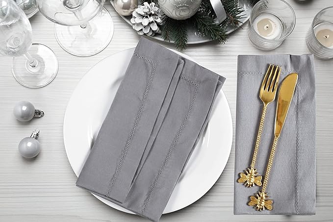 Cloth Dinner Napkin Set of 4 20x20 Inches - Grey, Decorative Hemstitched Spring Premium Polyester Cloth Dinning Napkins Ideal for Kitchen, Wedding, Easter | Washable BBQ Parties Napkin for Daily Use