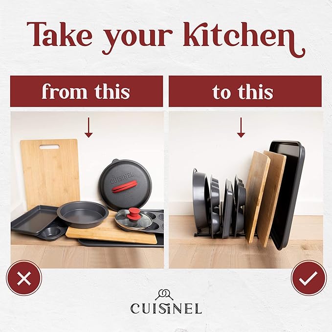 Cuisinel Lid and Dish Organizer Rack - 2-Pack Satin Nickel Kitchen Storage Organization Stand - Plate Holder, Pan/Pot Covers, Cutting Board and Cookie Sheet Divider - 7-Tier Cabinet/Counter Display