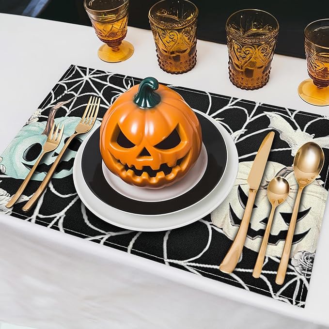 Bloss Pumpkins Spider Web Halloween Placemats Set of 4-12x18Inch Heat Resistant Place Mats,Halloween Tables Mats for Dining Table Decorations,Seasonal Place Mats Decor for Home/Party