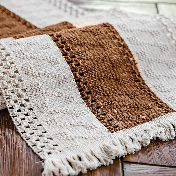 Alynsehom Macrame Table Runner Cream Beige and Caramel Boho Table Runners with Tassels Hand Woven Cotton Table Runner Rustic Farmhouse Table Runners for Bohemian Kitchen Dining Table(12x71in)