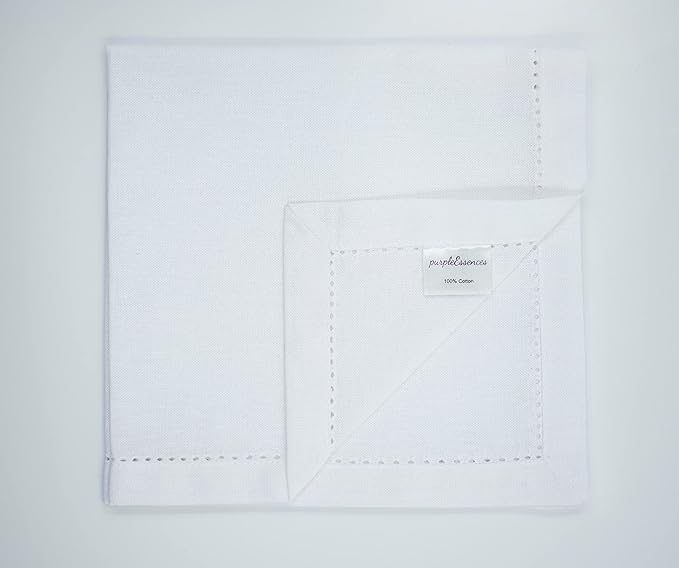 PurpleEssences Set of 12 Hemstitch Cloth Dinner Napkins 100% Cotton - Soft Durable Washable - Ideal for Wedding Spring Easter Summer - Perfect Everyday Use Table Linen 18x18 - White