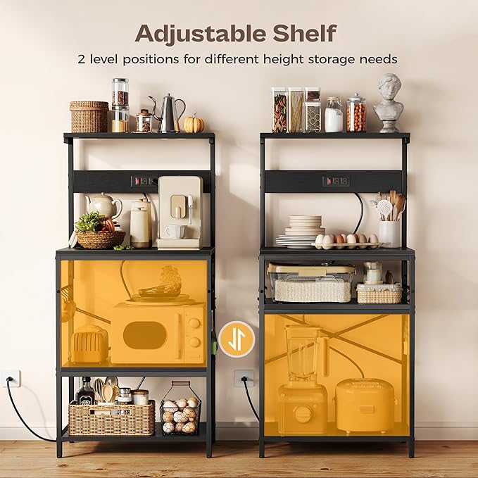 SUPERJARE Kitchen Bakers Rack with Power Outlet, Coffee Bar Table 4 Tiers, Kitchen Microwave Stand with 6 S-Shaped Hooks, Storage Shelf Rack for Spices, Pots and Pans - Black