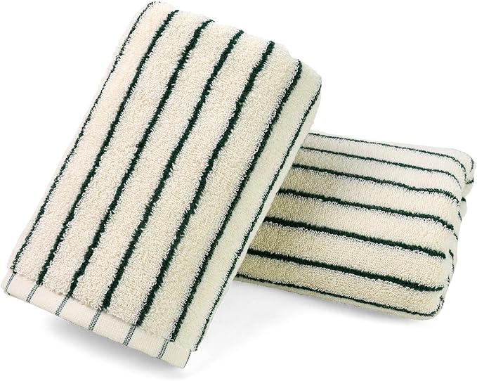 Jacquotha Green Striped Hand Towels for Kitchen, Vintage Bathroom Decor, Natural Cotton Tea Towel, 14” x 29”