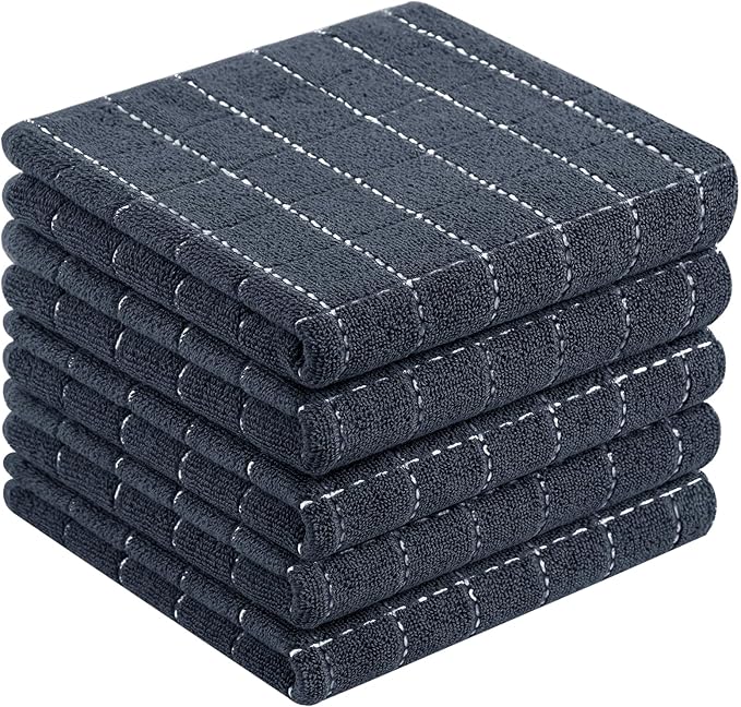 Homaxy 100% Cotton Terry Kitchen Towels(Dark Grey, 13 x 28 inches), Checkered Designed, Soft and Super Absorbent Dish Towels, 5 Pack