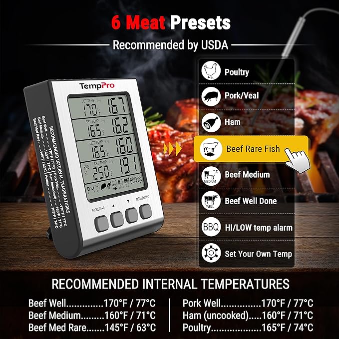 TempPro TP17H Digital Meat Thermometer with 4 Temperature Probes, HI/Low Alarm Smoker Food Thermometer with Colored Backlit LCD, BBQ Thermometer for Cooking Grill Kitchen Oven (Previously ThermoPro)