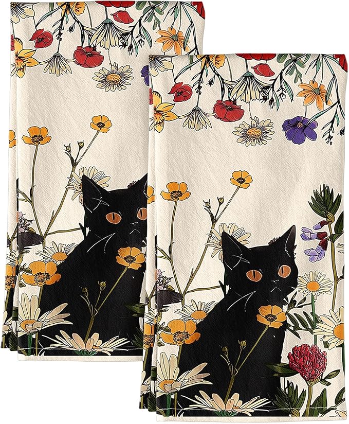Miss Adola Flour Sack Kitchen Towels - Set of 2 Spring Dish Towels with Hanging Loop 18x26 Inch Absorbent Reusable Cotton Cloths for Cleaning Cute Design Home Decorative Housewarming, Cat in Grass