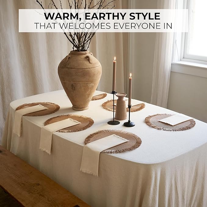 Decorative Boho Table Placemats Set of 6 with Matching Linen-Textured Napkins - Beautiful Natural Decor Elevates Your Dining Room or Kitchen Setting - Easy to Style & Mix with Linen Inspired Material