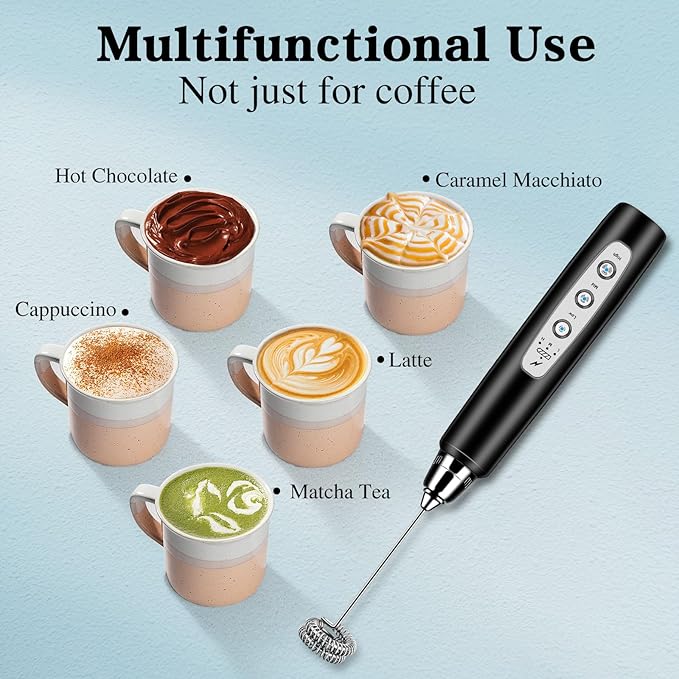 BSRGMS Milk Frother Handheld for Coffee, Electric Whisk 3 Speed Adjustable, Drink Mixer with Stainless 3 Whisks, Rechargeable Hand Frother Wand, Foam Maker for Latte Cappuccino Hot Chocolate Egg Black