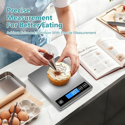 Food Kitchen Scale, Digital Food Scale 33lb Digital Kitchen Scale 1g/0.1oz Precisely Measures Grams and Ounces for Meal Prep Baking and Cooking, Rechargeable 304 Stainless Steel Kitchen Scale