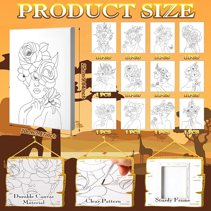 Motipuns 12 Set Pre Drawn Canvas for Painting for Adults Sip and Paint Kit with Easels 8 x 10 Inches Paint Party Kit with Printed Canvas Paints Brushes Palette Bag Apron(Flower Girl)