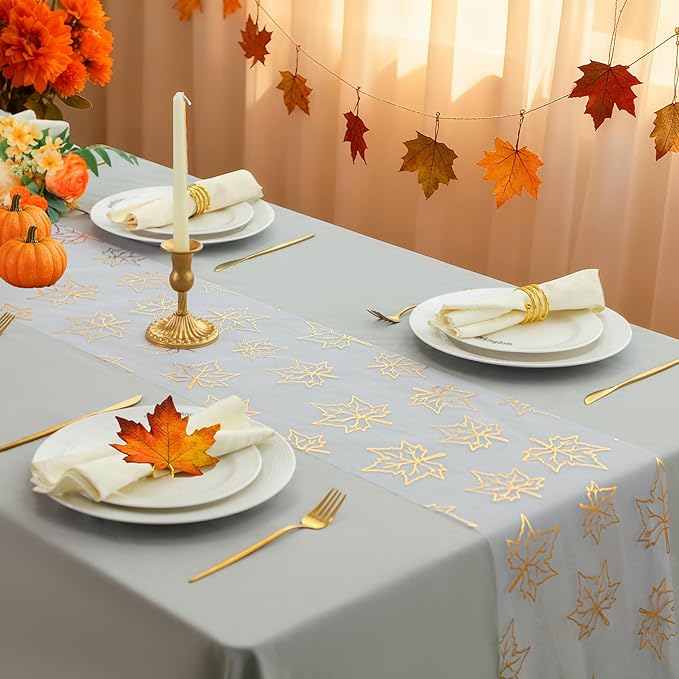 Snowkingdom 2 Pcs Gold Table Runner, Gold Maple Leaves Fall Thanksgiving Table Decorations for Autumn Harvest Sequin Glitter Lightweight White Thin Mesh Sparkle Farmhouse Dining Party Decor 120 Inch
