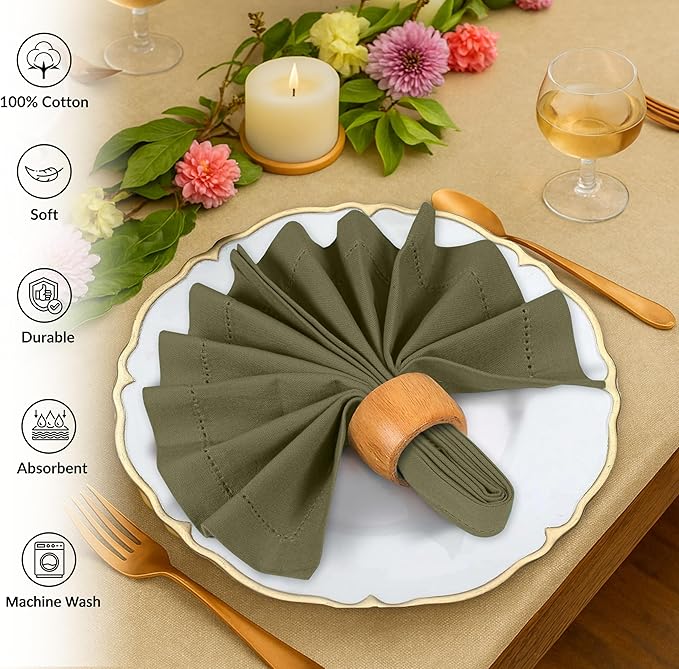 Ruvanti Cloth Napkins Set of 12, 100% Cotton High GSM 18x18 Inches, Hem Stitched Corners, Soft, Washable, Durable & Absorbent, Perfect for Parties, Christmas, Thanksgiving Dinners – Capulet Olive