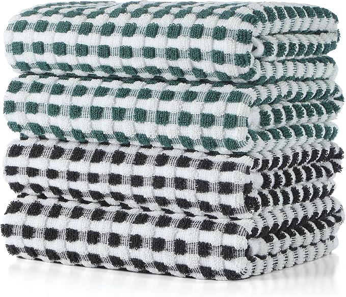 SALAS Cotton Dish Towels Cloths for Kitchen Drying Dishes, Lattice Terry Kitchen Towels, Highly Absorbent Kitchen Cloths with Hanging Loop, 16‘’ x 26‘’,4 Packs, Green and Black