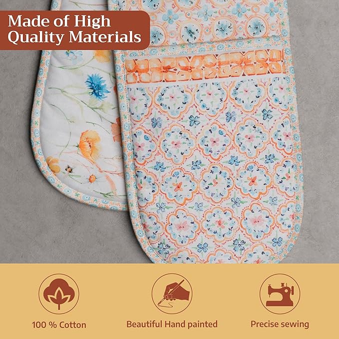 Maison d' Hermine Double Oven Mitts 100% Cotton 7"x35" Double Oven Mitt Heat Resistant BBQ Cooking Gloves with Loop Baking Grilling Gifts for Mothers Day Spring Summer (Summer Whisper)