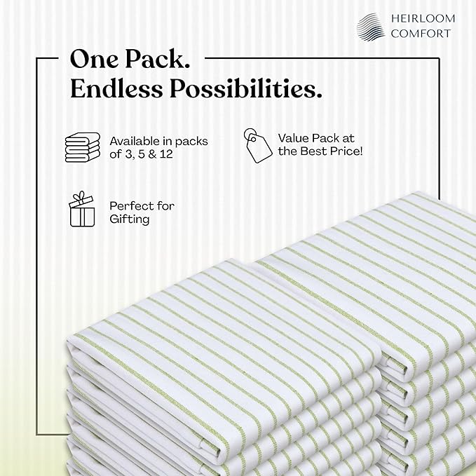 Lemon Green Stripe Kitchen Towels (12 Pack), 100% Cotton, Classic Striped, Super Absorbent & Durable Dish Cloths, Quick Dry Towel Set for Drying Dishes, Everyday Kitchen Cleaning