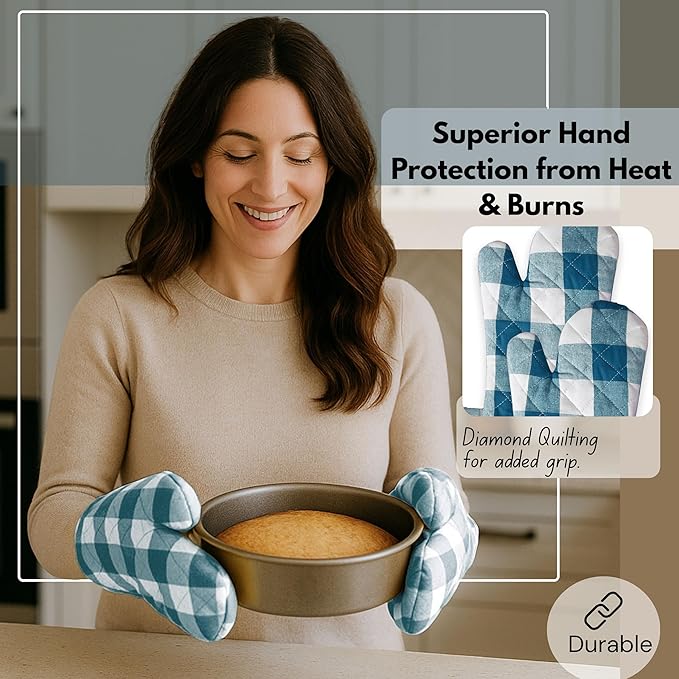 Native Fab Buffalo Plaid Check Oven Mitts and Pot Holders Set of 4, 100% Cotton Heat Resistant Kitchen Gloves, 2 Oven Mitts (7x13), 2 Pot Holders (8x8) for Cooking & Baking, Teal Green White