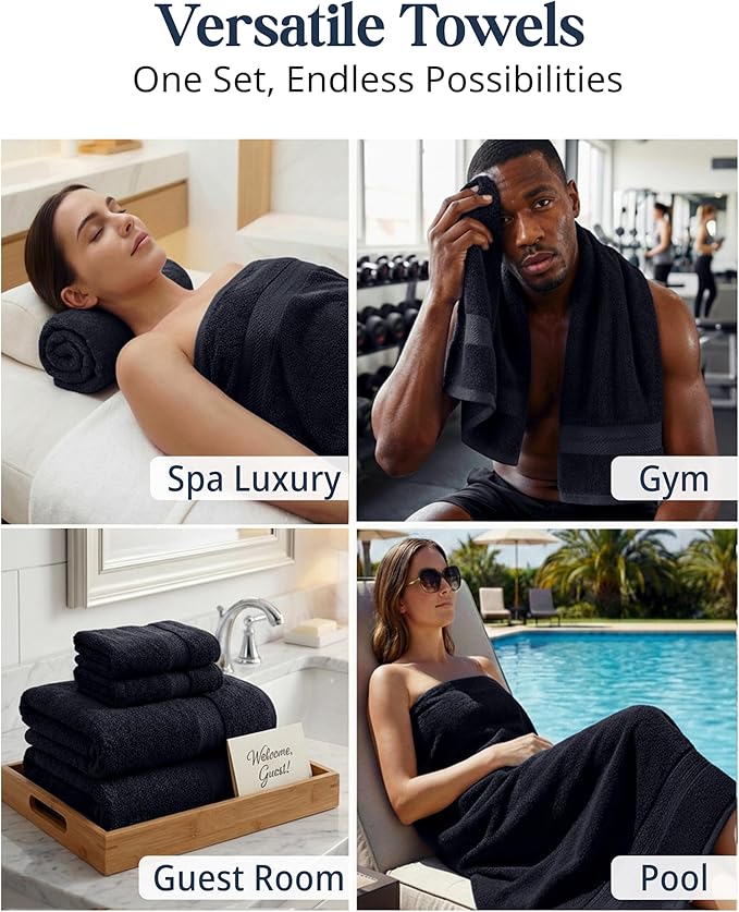 Lane Linen Bathroom Towels Sets - 24 PCs - 100% Durable Cotton Towels - Absorbent & Quick Drying - 4 Bath, 4 Fingertip, 6 Hand Towel, 8 Washcloth, 2 Bath Sheet - Housewarming Essentials - Black Towels