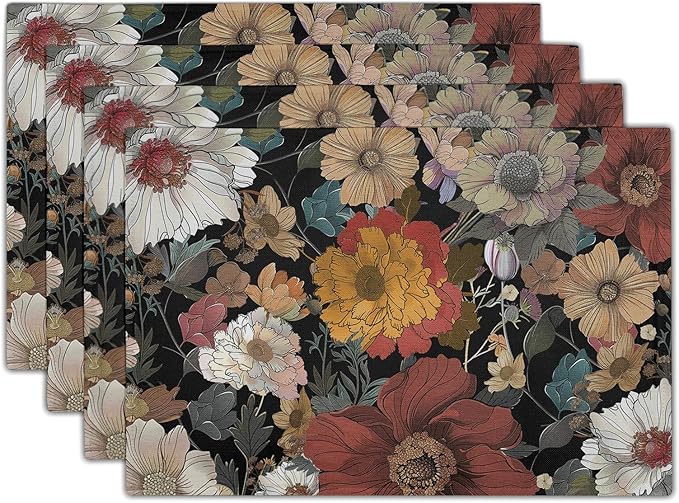 Giwawa Black Boho Floral Placemats Set of 4, 12"x18" Vintage Watercolor Flowers Table Mats, Rustic Retro Plant Heat Resistant Washable Linen Place Mat for Kitchen Dining Season Party Decor