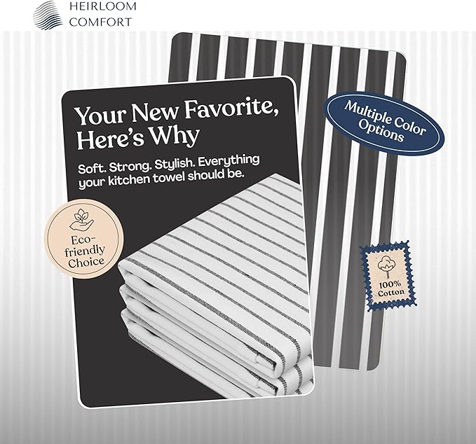 Black Stripe Kitchen Towels (3 Pack), 100% Cotton, Classic Striped Towel Set, Super Absorbent & Durable Dish Cloths, Quick Drying Fabric for Drying Dishes, Everyday Kitchen Cleaning