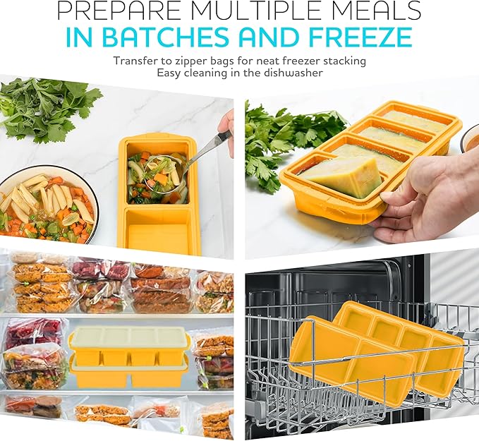Silicone Freezer Tray With Lid-Soup Freezer Container molds-Large Ice Cube Tray Set Makes 1-Cup & 2-Cup portions cubes Perfect for preparing meals in different portion sizes Oven & Dishwasher -Safe