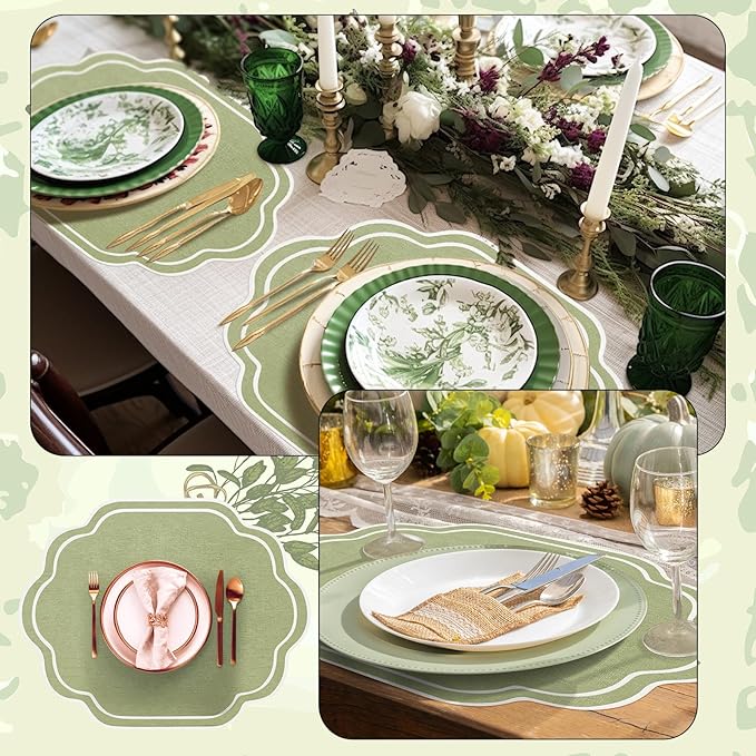 Breling 6 Pcs Wedding Placemats Scalloped Embroidered Cotton Linen Placemats 17" x 13" Double Layered Machine Washable Table Place Mat for Party Table Decor (Sage Green)