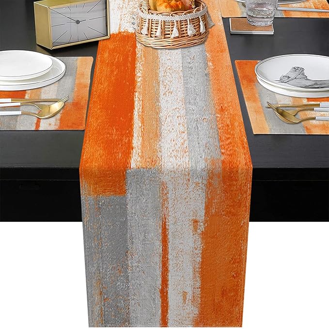 ArtSocket Farmhouse Table Runner and Placemats Set of 6, Abstract Orange Grey Painting Art Dining Decor for Daily Use(1 Table Runner 72 inches Long and 6 Placemats)