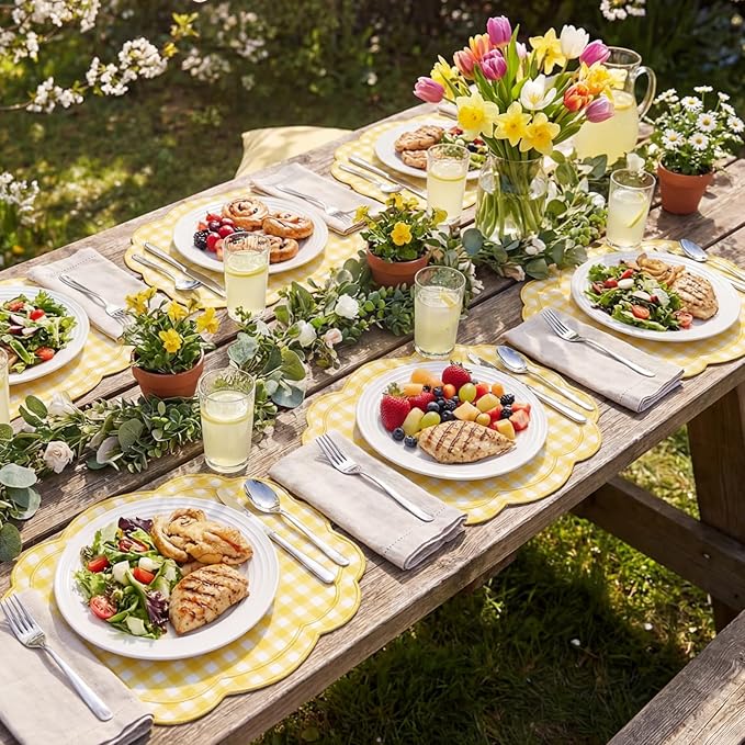 Breling Set of 6 Yellow Gingham Placemats Scalloped Embroidered Cotton Linen Placemats 17" x 13" Double Layered Machine Washable Table Place Mat for Wedding Birthday Baby Shower Party Table Decor