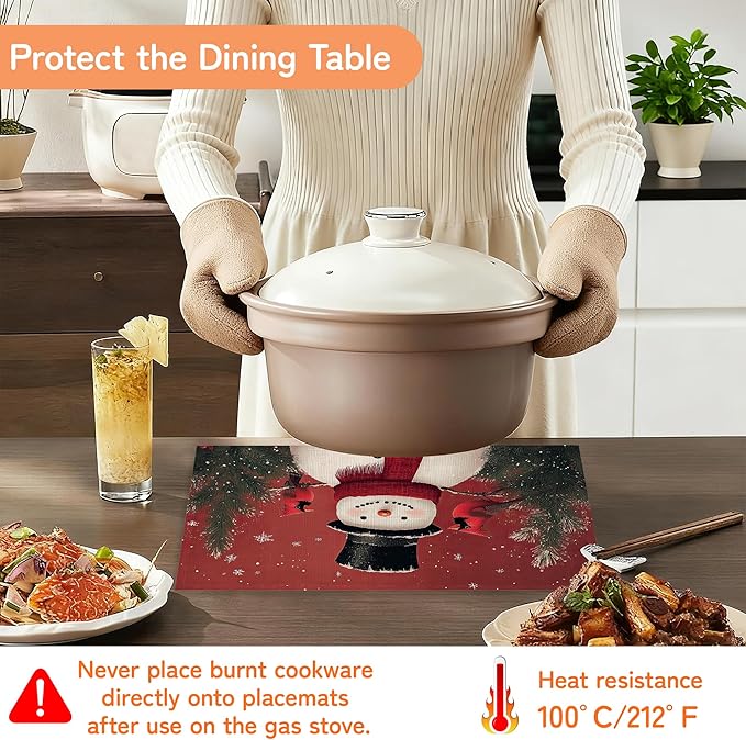 Christmas Snowman Placemats Set of 6,Cardinal Washable Kitchen Dining Linen Table Mats for Home Party Dinner Indoor Outdoor 12x18Inch