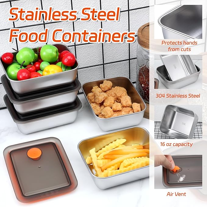 10 Set Stainless Steel Food Containers with Lids, Metal Leak-Proof Food Storage Containers Reusable Stackable Meal Prep Container for Lunch Picnic Travel, Dishwasher & Freezer Safe (16 oz)