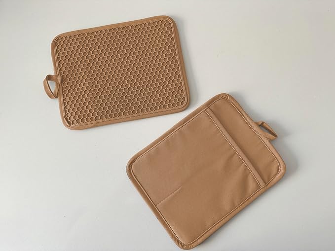 Oven Pot Holder with Pocket Cotton Heat Resistant Coaster Potholder Kitchen Hot Pad Oven Mitts for Cooking and Baking Square 7"x9" (Khaki, Silicone)