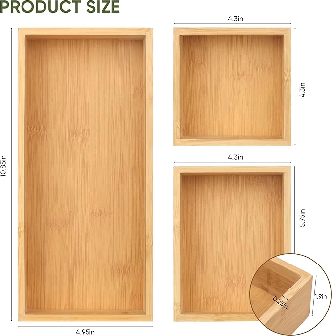 Vincona Bamboo Drawer Organizers Set, 3PCS Multi-Use Wood Storage Organizers, Desk Drawer Tray for Kitchen, Bathroom, Office, Dresser, Bamboo Box Bin for Jewelry, Makeup, Junk, Gadgets