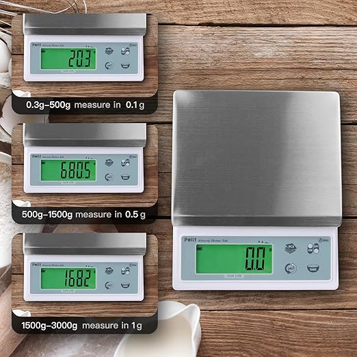 Polit Sun Lite IP65 Waterproof Baking Scale — 6.6lb/3kg Auto-Precision 0.1g/0.5g/1g Digital Kitchen Scale with Green LCD, Dual Power & Detachable Stainless Tray for Pastry, Seasoning & Daily Cooking