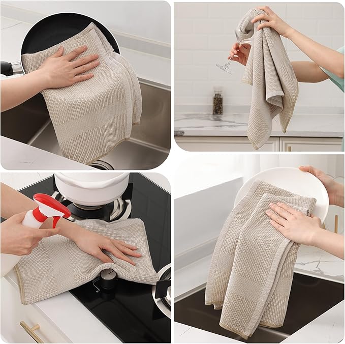 Mordimy Premium Kitchen Towels 6 Pack (18 x 28 Inches, Khaki), Large Cotton Kitchen Hand Towel, Flat & Terry Dish Towels for Drying Dishes, Super Absorbent Tea Dishtowels Set with Hanging Loop