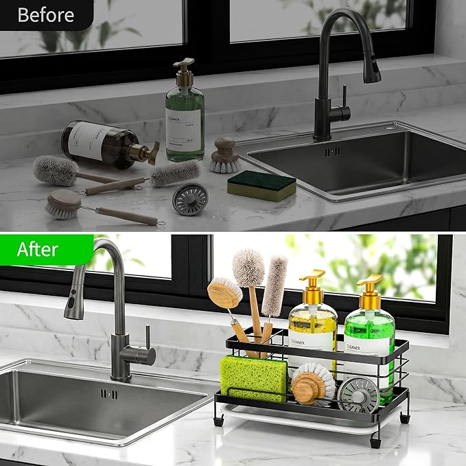 Cisily Large Black Sponge Holder for Kitchen, Sink Caddy Sink Organizer Rack for Kitchen Accessories with Drip Tray, Rustproof and Non-slip, Soap Dispenser Countertop Organizer Essentials for New Home
