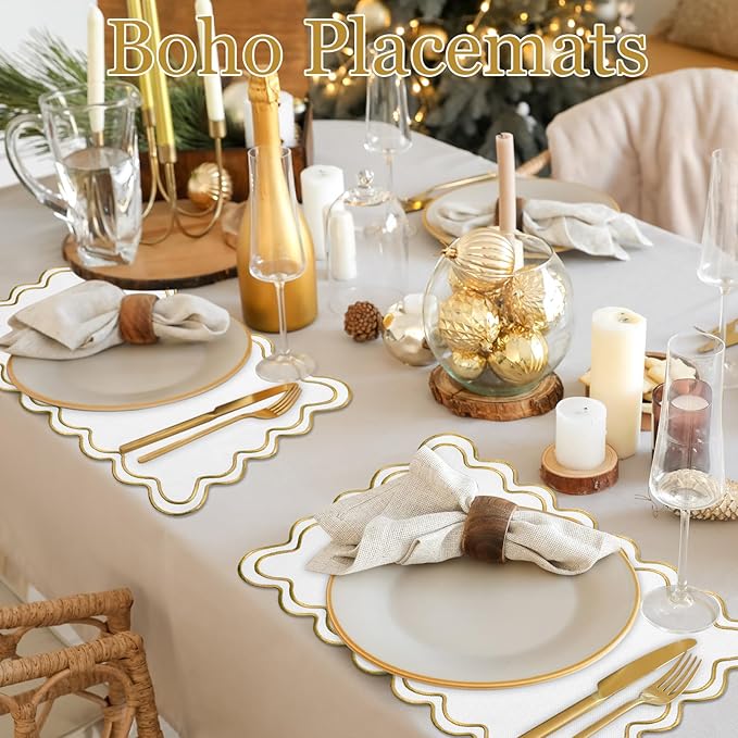 HunnmingRe Set of 6 Cotton Linen Placemats, 13x19 Inch Scalloped Wavy Embroidery Placemat Double Layered Washable Rustic Rectangle Dinner Table Mats for Wedding Home Decor(White with Gold)