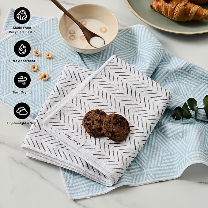 RECYCO Waffle Kitchen Towel Set of 2 - Quick Dry Microfiber Sustainable Dish Towels - Ultra Absorbent Reusable Cleaning Tea Towels - Lightweight Hand Towels,16”x 28”, Modern Maze