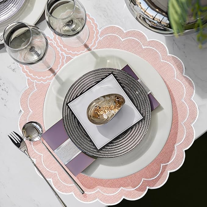 Set of 8 Cotton Linen Placemats Coaster, 15" Scalloped Embroidery Heat Resistant Placemats, 4.7" Kitchen Coaster, Double Layered Machine Washable Table Mat Set Rustic Dinner Table Decoration (Pink)