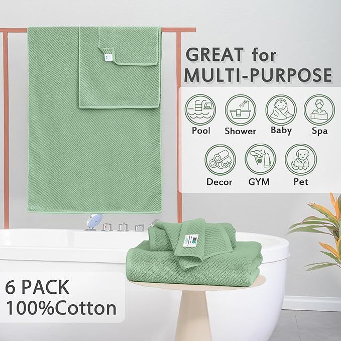 VOOVA & MOVAS Green Towels for Bathroom - 100% Cotton | Quick Dry | Lightweight | Thick | Soft, 6 Piece Towel Set, 2 Large Bath 30"x56", 2 Hand 18"x28", 2 Wash Cloths 13"x13", Towel Gift Set, Mint
