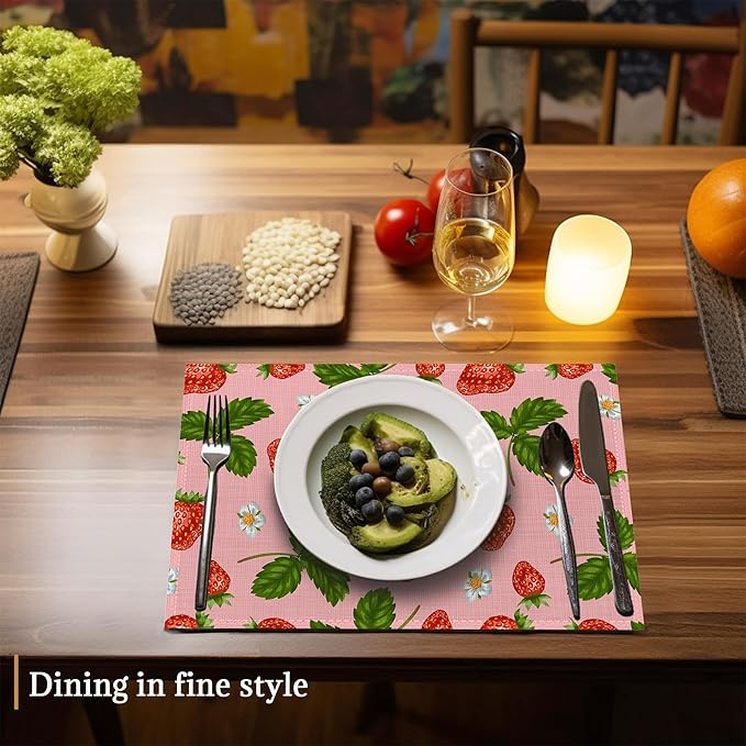 Strawberries and Leaves Placemats Set of 6 Washable Table Mats for Kitchen Dining Table,Heat-Resistant Place Mats for Indoor Outdoor Party Holiday Decoration