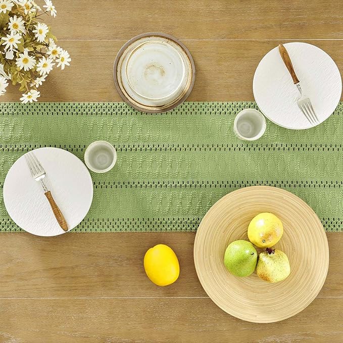 ZeeMart Macrame Style Boho Table Runner, Sage Green Table Runners 60 Inches Long, Farmhouse Woven Home Decor, 12x60 Inch, Green