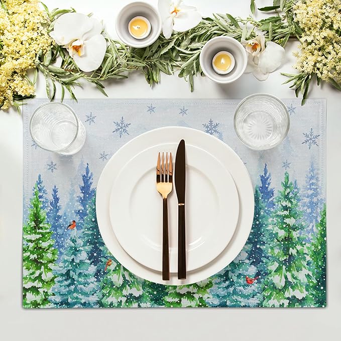 Watercolor Christmas Trees Place Mats - Welcome Winter Birds Placemats Set of 4 Snowflake Art Table Mat for Indoor Outdoor Dining Decorations 12 x 18 Inch