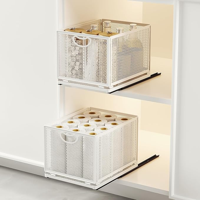 2 Pack Pull Out Cabinet Organizer, No Drill Adhesive Sliding Drawers for Kitchen, Metal Mesh Wire Storage Shelf for Pantry & Under Sink, White (9.6" W x 11.8" D x 8.4" H)
