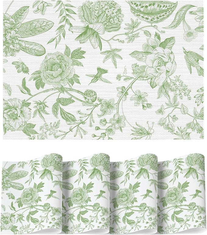 Artoid Mode Green Floral Brids Spring Vinyl Placemats Set of 4, Washable Heat Resistant Non-Slip Woven Plastic PVC Place Mats for Farmhouse Holiday Party Dining Table Decor