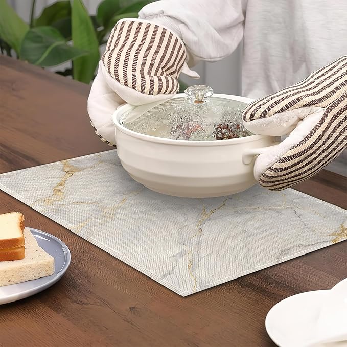 Placemats Set of 6,White Gold Marble Table Mats, Washable Linen Table Mats,Non-Slip Heat Resistant Placemats for Party Kitchen Dining Indoor Outdoor 12"x18"