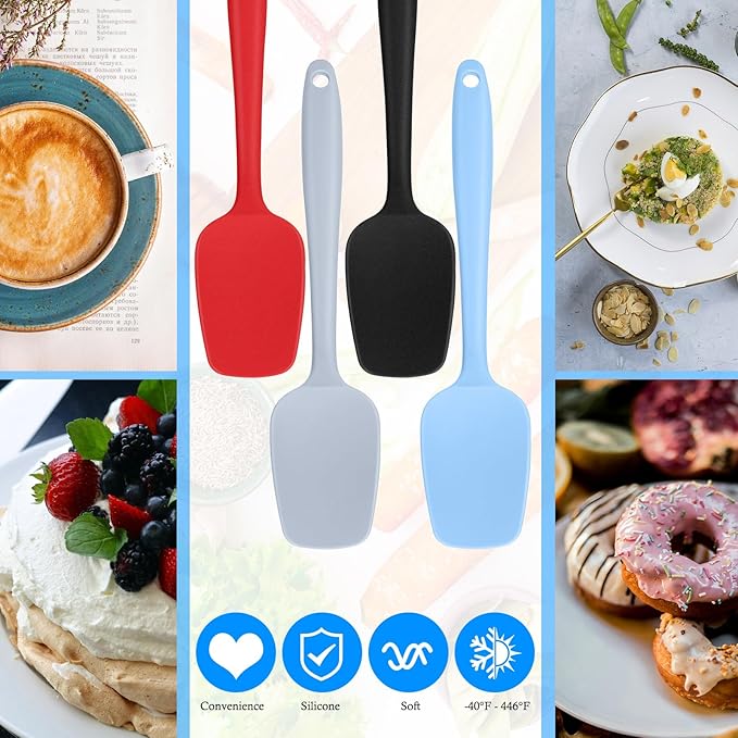 Shappy 4 Pieces Silicone Cooking Spoons 10.6 Inch Heat Resistant Kitchen Spoons for Mixing, Serving and Stirring Upgrade Large Non Stick Basting Utensils, Dishwasher Safe(Spatula,Classic Color)