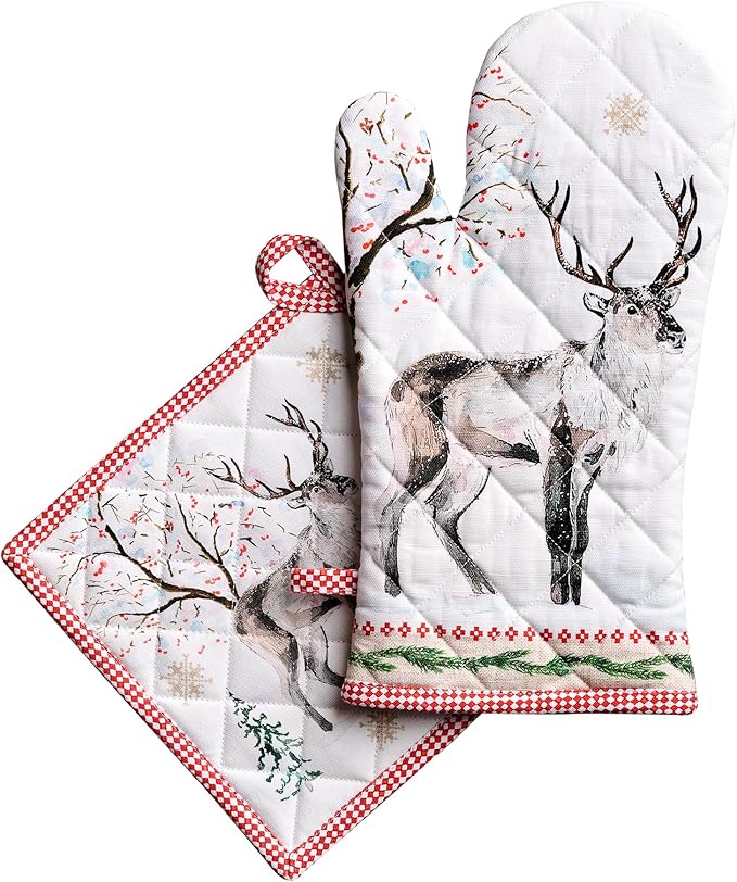 Maison d' Hermine 100% Cotton Oven Mitt & Pot Holder Set (7.5"x13" & 8"x8") Heat Resistant BBQ Cooking Gloves with Loop for Thanksgiving Christmas Decorations Handling Hot Pans (Rural Christmas)
