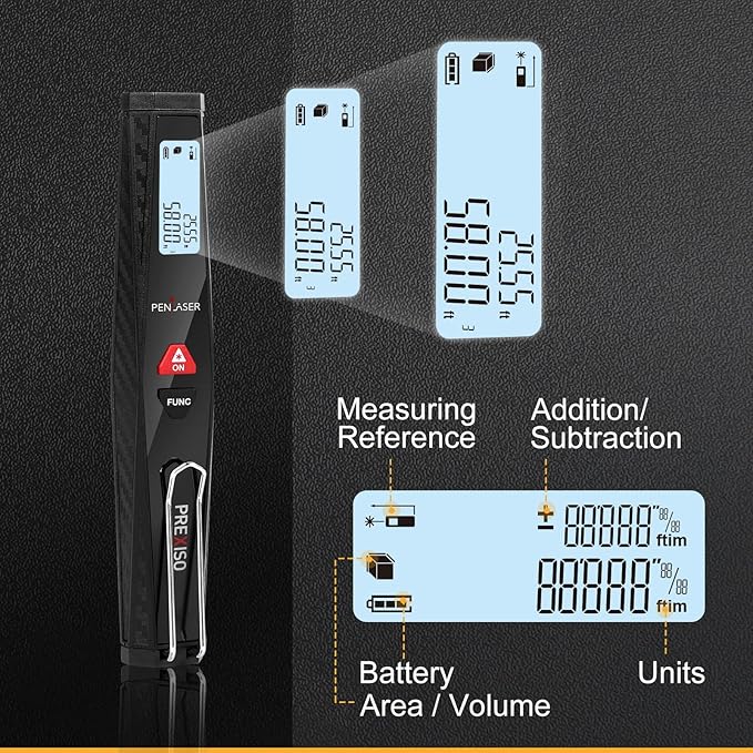 PREXISO Pocket Laser Measurement Tool, 135Ft Laser Distance Meter Backlit Display Laser Measure with Pen Clip Ft/Ft+in/in/M Unit - Pythagorean, Distance, Area, Volume Modes for Home, Industries