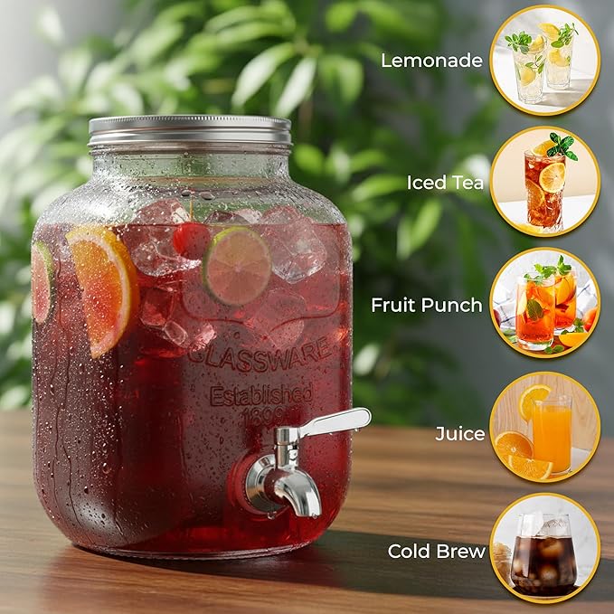 Zulay 1 Gallon Glass Drink Dispenser for Parties – with Spout Lid and Stainless Steel Filter – Leak-Resistant Beverage Dispenser for Events – Lemonade Iced & Sun Tea Infused Water & Juice Dispenser