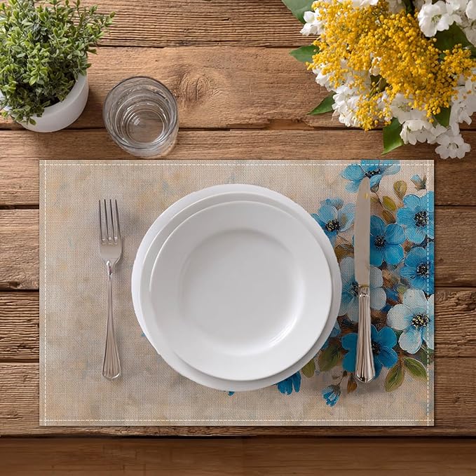 HOMETITUTE Placemats Set of 4 12x18 inch Spring Table Mats for Dining Table Painted Floral Linen Placemats Farmhouse Decorations Kitchen Decor Desk Mat for Outdoor Home Party Kitchen Seasonal Dining